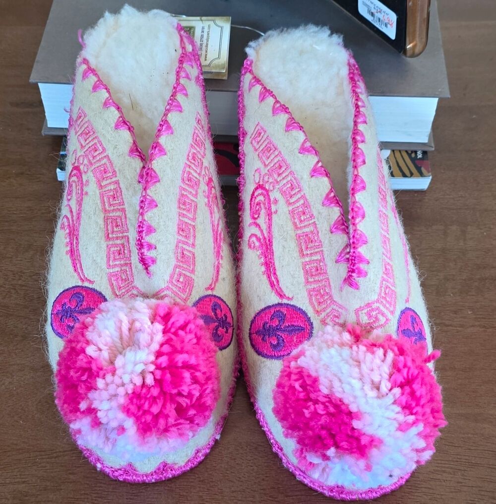 New  MINAS LP Women’s Wool Sheepskin Lined Slip-On Slippers Pink/Ivory  US7.5